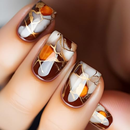24 uñas postizas cuadradas cortas de mármol, uñas artificiales brillantes, cubiertas completas, uñas postizas para mujeres y niñas