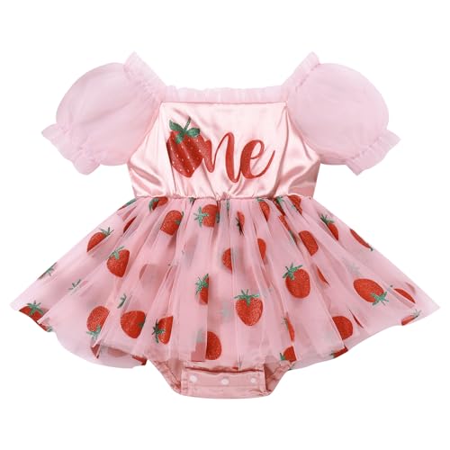 FYMNSI Baby Girl 1st Birthday Outfit Floral Strawberry Ruffle Romper Tutu Dress Headband Two Piece Toddler Summer Clothes2