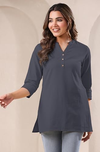 Image of Janasya Women's Light Blue Linen Cotton Solid A-line Top