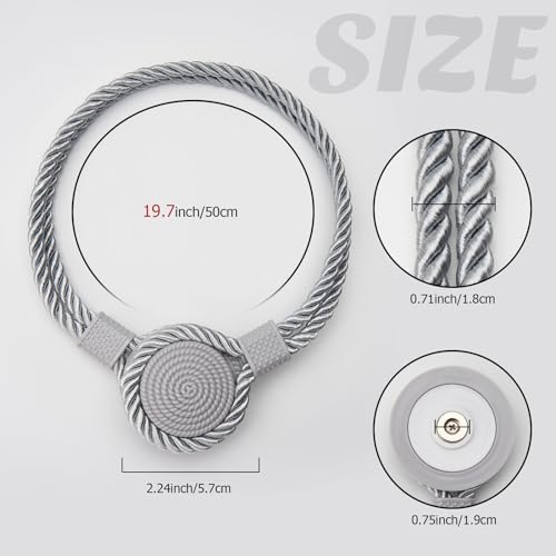 Pretty Jolly 4 Pack Strong Magnetic Curtain Tiebacks Unique Medal shape Decorative Drape Tie Backs Elegant Hand-Woven Rope Curtain Holdbacks for Home & Office Draperies Decor (Grey) - Image 4