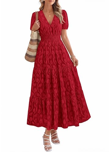 Image of KIRUNDO Summer Dresses for Women 2026 Boho Flowy Casual Short Sleeve V Neck Elastic Waist Floral Long Baby Shower Maxi Dress