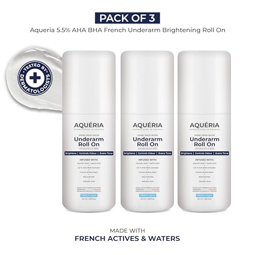 Image of Aqueria 5.5% AHA BHA French Underarm Brightening Roll On | 48H Odour Control | Aqua Fragrance with 2% Niacinamide | Multi Actives, Glycolic Acid, Lactic Acid | Prevents Odor, Kills Bacteria | Exfoliates, Reduces Pigmentation & Discoloration for Even-Toned Underarms | Brightens Skin & Exfoliates Underarm | Alcohol & Aluminium Free | Deodorant for Men & Women | Pack of 3 (150ml)