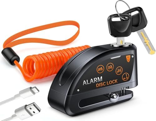 Motorcycle Disc Lock with Alarm, Electric Scooter Lock Heavy Duty Anti-Theft with 120dB Alarm, 5FT Reminder Cable for Helmet Anti-Theft, Rechargeable (Black)