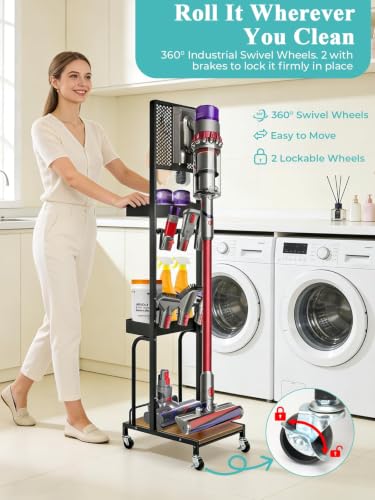 Image of Haturi Vacuum Stand for Dyson V16 Gen5 V15 V12 V11 V10 V8 V7 | Exclusively Designed for Dyson, Robust Base, Freestanding, Accessory Organizor with 6 Hooks & 2 Metal Baskets, Black