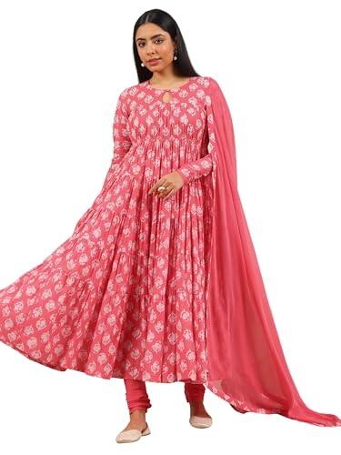Image of Libas Printed Cotton A-Line Kurta With Churidar and Dupatta