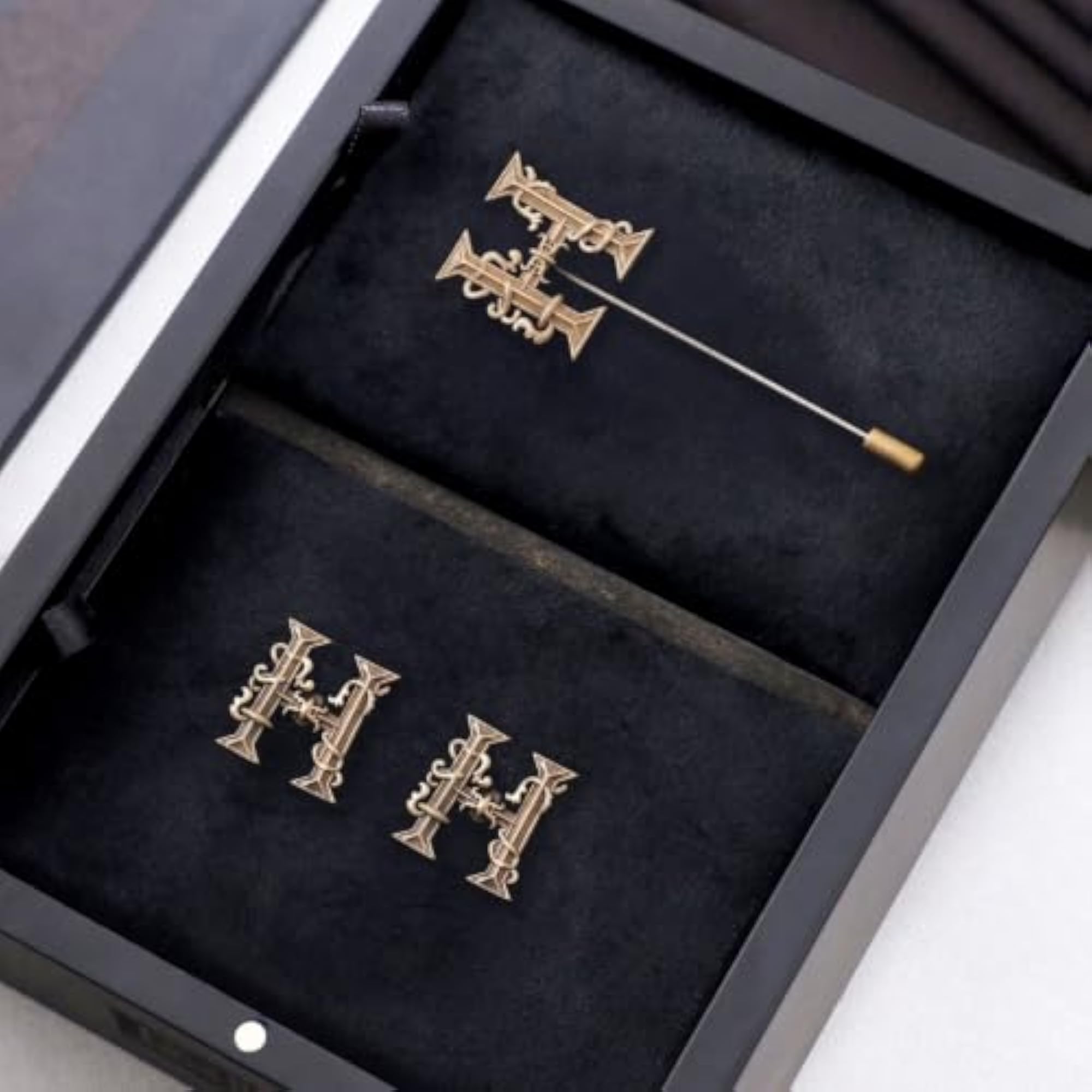 Antique Brass H Alphabet Cufflink & Lapel Pin Combo