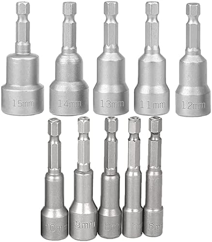 Kigauru 10 Pcs Quick-Change Magnetic Nut Driver Drill Bit Sets 1/4 inch Hex Shank 6-15mm Chrome-Vanadium Steel 65mm/2.5 Inch Length Metric Socket Wrench Drill Bit Power Tool