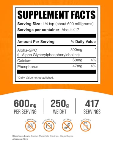 Image of BulkSupplements.com Alpha GPC Powder - Choline Supplements, Alpha GPC 300mg - Unflavored & Gluten Free, 600mg per Serving, 250g (8.8 oz) (Pack of 1)