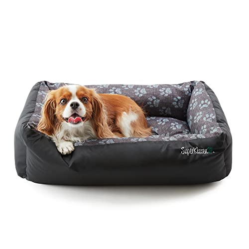 SuperKissen24. Hundebett Hundekorb Hundesofa Tierbett für Kleine, Mittlere und Grosse Hunde - Waschbar - Größe L - Schwarz und Grau - Pfoten aus flachs