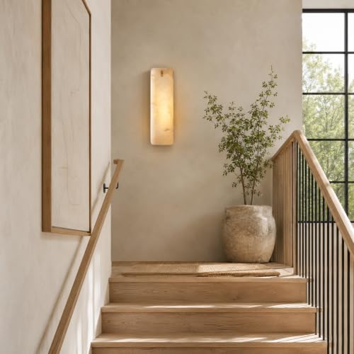 Rectangular Alabaster Wall Sconce 16 Inch, Natural Spanish Stone Brass Gold Wall Light, Modern Marble Sconces Dimmable E12 Hardwired Bathroom Vanity Light Fixture for Mirror, Bedroom, Hallway(1 Pcs) by Sucelating - Used condition - Image 9