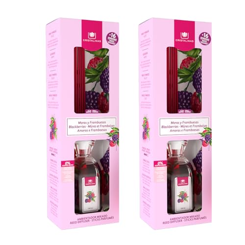 CRISTALINAS. Ambientador Mikado Clásico. Difusor con Varillas de ratán. Formula sin Alcohol. Máxima duración, hasta 16 semanas. Aroma Mora. (2x180ml)