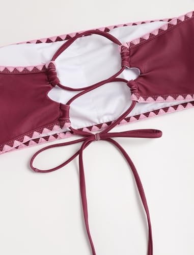 Image of ZAFUL Women Strapless Textured Bandeau Bikini 2 Piece Swimwear Cheeky Solid Lace up Bathing Suits