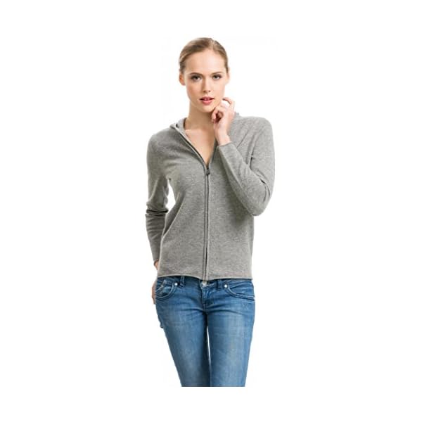 Zip Up Hoodie for Women - 100% Cashmere Hand-Knitted Ladies Slim Fit Cut Hoody with Long Sleeves Metal Zip