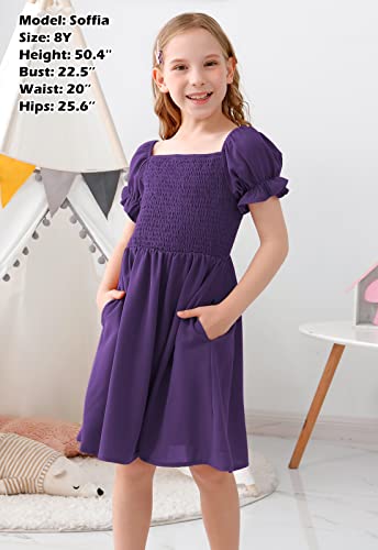 GORLYA Girls Puff Sleeve Square Neck Boho Frilly Smocked Shirred Flared Midi Dress 4-14T3