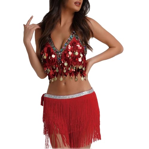 Faldas Vaqueras Conjunto de Danza del Vientre con de Cintura y borlas en el Pecho envueltas Coloridas, Conjunto de borlas de Lentejuelas Puesta en Escena Tul Mujer Larga Negra (Red, One Size)