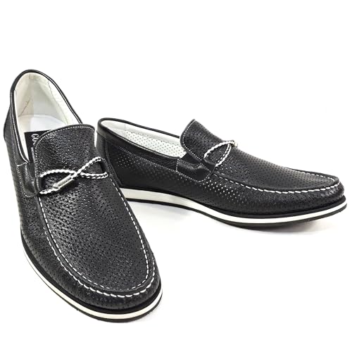 Goodman Men's Black Perforated Leather Comfort Loafers, Slip-On Summer Shoes, White Contrast Stitching, Size 42 EU, Made in Italy