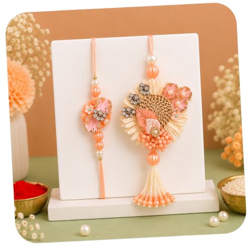 Image of CraftVatika Set of 2 Rakhi for Brother and Bhabhi, Designer Rakhis for Rakshabandhan, Bhaiya Bhabhi Rakhi Set for Rang Panchami, Best Wishes Greeting Card and Tillak Set, Premium Thread Raki for Him