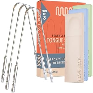 MasterMedi Tongue Scraper for Adults, 100% Stainless Steel Tongue Scrubber for Bad Breath, Easy to Use, Tongue Cleaner for Oral Care & Hygiene (Set of 3 (with Travel Case))