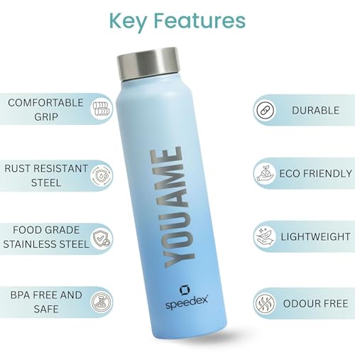 Image of Speedex Customised Engraved Name Stainless Steel Water Bottle 1 Ltr - Personalised Screw Cap Bottle for Kids, Men & Women, School, Office, Gym, Dual Blue, Set of 1