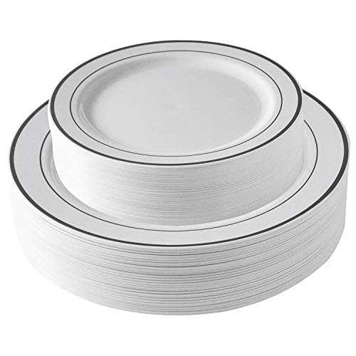 Select Settings [60 COUNT] White with Silver Rim Plastic Disposable Plates: 30 Dinner Plates and 30 Salad Plates
