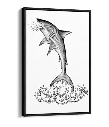 Toile requin lithographe grand format dans son cadre noir pour salon moderne