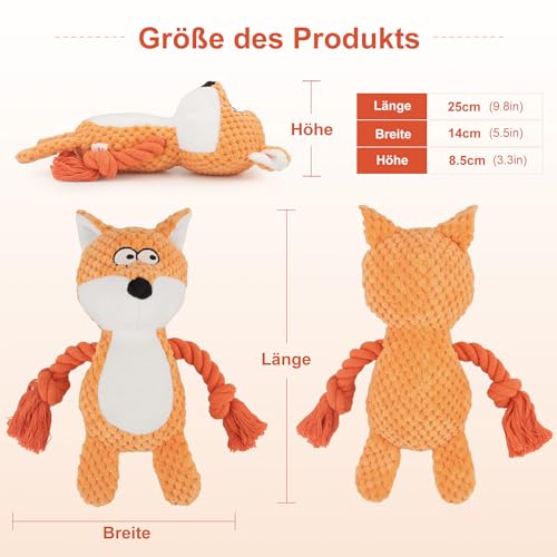 TONYFY Hundespielzeug, Hund Quietschspielzeug mit Knitterpapier, Plüschtier Hund Plüsch Kauspielzeug, Baumwollseil interaktives Spielzeug für Welpen, kleine, mittlere Hunde (Orange Fuchs)