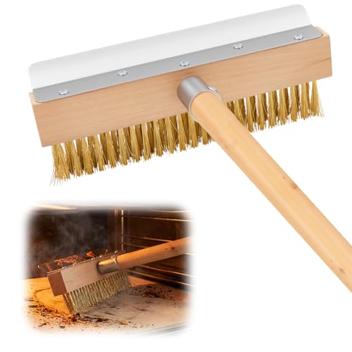 Reallnaive 1 Pack 37 Inch Wood Handle Pizza Oven Brush with Scraper Outdoor Pizza Oven Cleaning Brush Tool Aluminum Threaded Tip Brass Bristles with Steel Scraper