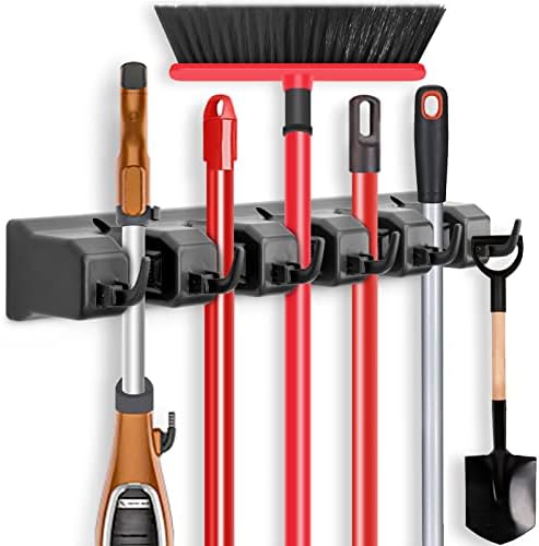 Wall Mounted Broom/Mop Holder, Stainless Steel, Self-Adhesive/Drill,  Garage/ Kitchen/Closet (3 Racks Hooks