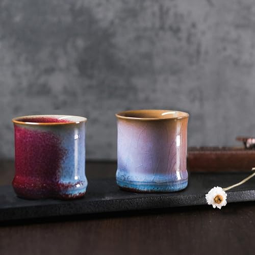 Oricloud Handmade Porcelain Tea Coffee Cup/Mug, All Natural Ice Crack Glaze Jun Ware, Unique Color for Home and Gift, 3.5 Oz Two-Piece Set