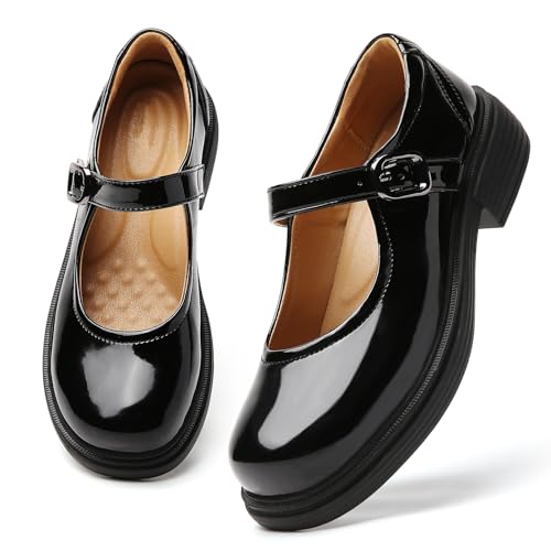 Image of Women Black Mary Jane Flats Non Slip Comfort Office Work Dress School Shoes | OKJ Women's mary janes flat Platform Comfortable maryjane patent leather Dressy Round Toe chunky Cute Shoes