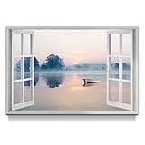artopia Lake House Canvas Wall Art - Mountain Lake Picture with Sunrise & Sunset - for Bedroom and Office - 36x24 Inches