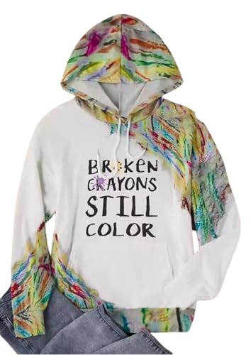 AIMITAG Broken Crayons Still Color Hoodie Women Mental Health Awareness Hoodie Casual Fall Long Sleeve Kangaroo Pocket Shirt(Small White)