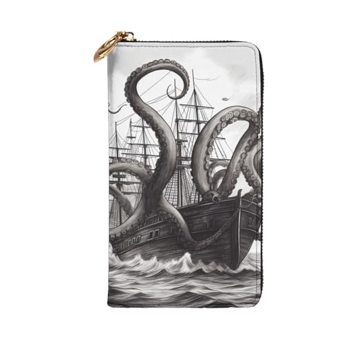 Black and White Octopus and Ship Wallet for Men Women Long Purse Leather Clutch Large Business Handbag Travel Phone Holder Credit Card Holder Money Case with Zipper Leather Wallets Gift2