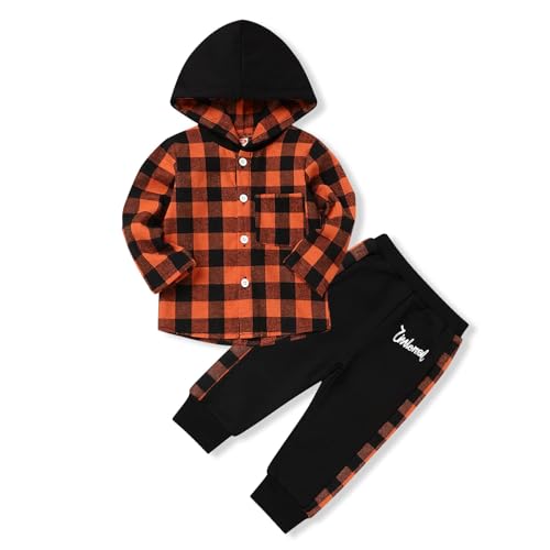 Image of Fuermos Toddler Baby Boys Clothes Flannel Lattice Button Down Hooded Tops +Pants Boys Fall Winter Outfits