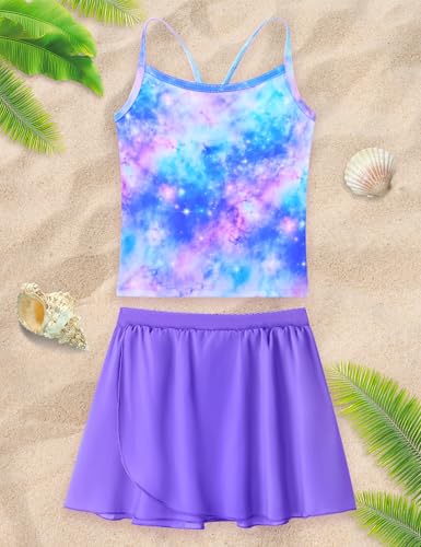 Image of Girls Swimsuit 3 Piece Sleeveless Bathing Suit Sets with Skirt Swimwear Rash Guard for Kids Beach UPF 50+ Sun Protection