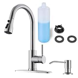 WEWE Single Handle High Arc Brushed Nickel Pull Out Kitchen Faucet,Single Level Stainless Steel Kitchen Sink Faucets with Pull Down Sprayer with Soap Dispense
