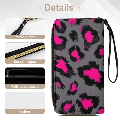 Fashion Decor Wallet, Long PU Zipper Wallet, Travel Purse Fashion Design, Huge Storage Capacity Purse With Rope Luxury Pink Dark Gray Leopard Cheetah Print 5