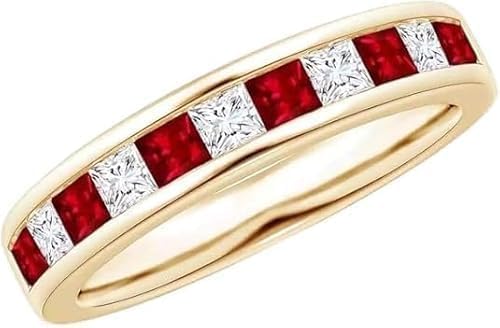 14K Yellow Gold Finish Half Eternity Wedding Band Ring, Sterling Silver 925, 2.5 Carat Princess Cut Lab Created Ruby and White Diamond (Pink, 5)