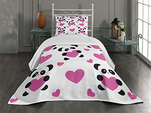 Ambesonne Love Coverlet, Day of Love Pandas and Hearts Cartoon Cheerful Wildlife Fun Art, 2 Piece Decorative Quilted Bedspread Set with 1 Pillow Sham, Twin Size, Fuchsia Black White