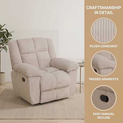 Image of Oversized Corduroy Recliner Chair, Manual Lazy Boy Recliner with Home Theater Seating, Breathable Living Room Reclining Chair for Adults Reading, Gaming, Relax, White