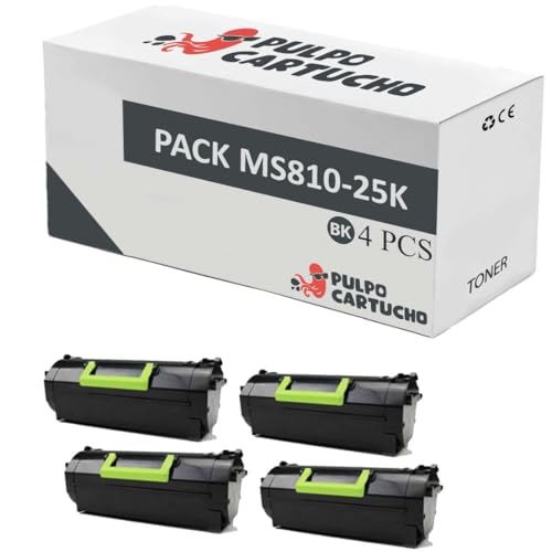 Pulpo Cartucho   Pack 4 Toner Genérico MS810 / MS811 / MS812 (25.000 Páginas) Negro Compatible con Lexmark 52D2H00 / 522H   Valido para Impresoras MS 810, MS 811, MS 812