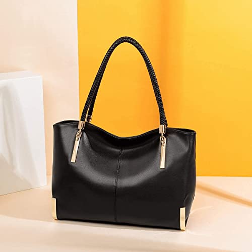 Foxer Large Leather Tote Handbags For Women, Split Cowhide Zipper Closure Ladies Top-Handle Bags Womens Large Shoulder Purses And Handbags Women's Fashion Pocketbooks With Woven Handle(Black) #TOP6
