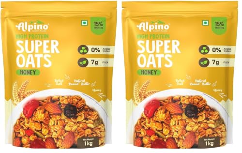Image of ALPINO High Protein Super Rolled Oats Honey 1KG - Rolled Oats, Natural Peanut Butter & Honey - 15g Protein, Salt, Gluten-Free (Pack of 2)