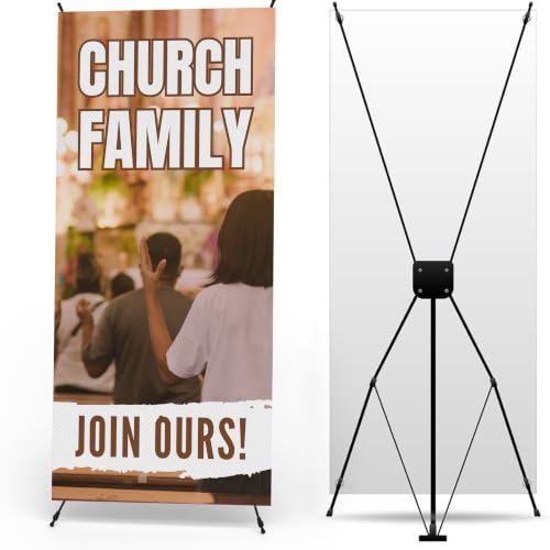 DreamController Church X-Stand Banner by DC | 30"x65" Adjustable Tripod Display | Church Family Joiin Ours Vertical Banner for Trade Shows & Events | Cross Stand Included | Made in USA