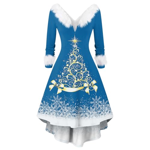 SCBFDI Langarm Boho Kleid Damen Schwarze Kleider Abendkleid Weihnachtskleid Mit Motiv Elegantes Gothikkleid Witzige Weihnachtskleider Blau S