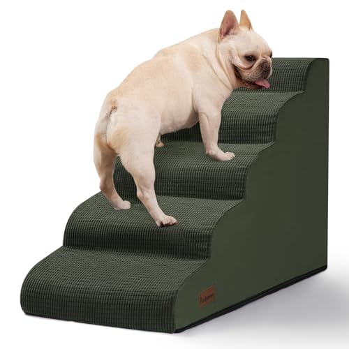 Image of Aodisman Dog Stairs for High Bed,5-Step Pet Ramp for Small Dogs and Cats | 22.2 inch H Dog Steps for Bed with High-Density Foam, Help Olders,Short-Legged Dogs,Puppy and Cats Get on Beds Easily,Grey,Green