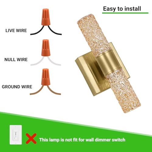 Image of 2 Pack Gold LED Wall Sconces, 10W 3000K Warm White Hardwired Wall Mounted Light Fixtures with Amber Crystal Glass, Modern Bathroom Vanity Lights for Mirror Living Room Bedroom Hallway