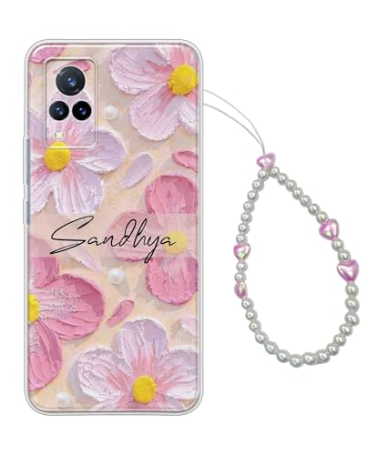 Image of COBERTA Name Customized Back Cover for Vivo V21 5G Back Cover Personalized Case with Phone Charm Chain Strap Beads & Pearls for Girls Stylish - Pink Floral Flower Heart - CUSTD16689