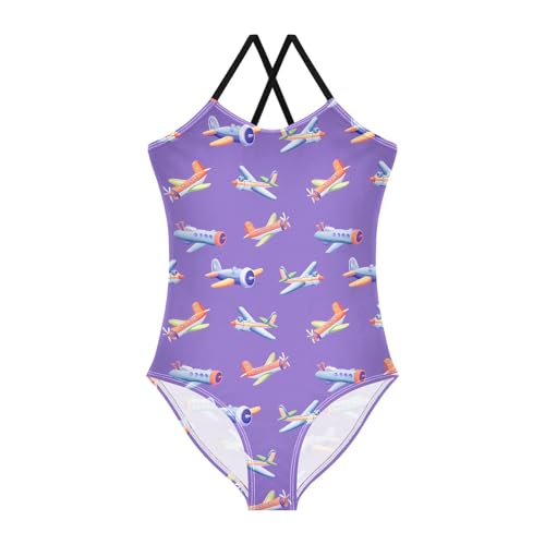 senya Girls Swimsuits One-Piece Swimwear Tie Bathing Suit Beach Summer Round Neck 5-6T Airplane Purple Background Pattern