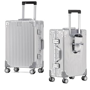 EclatVivid 1pc 22 Inch Luggage with Cup Holder, 100% All Aluminum Suitcase, Zipperless Aluminum Luggage with TSA Locks, Cup Holder(Silver,Checked in 22-Inch)